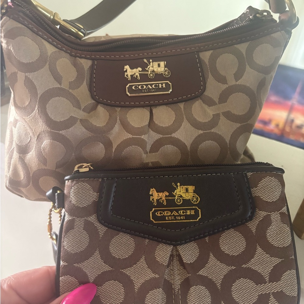 Coach Tan and Brown Signature Shoulder Bag Set